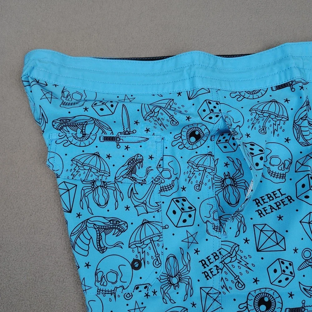 NEW Board Shorts Surf Swim Trunks Men XL Blue Tattoo‎ Biker Pockets Fast Drying